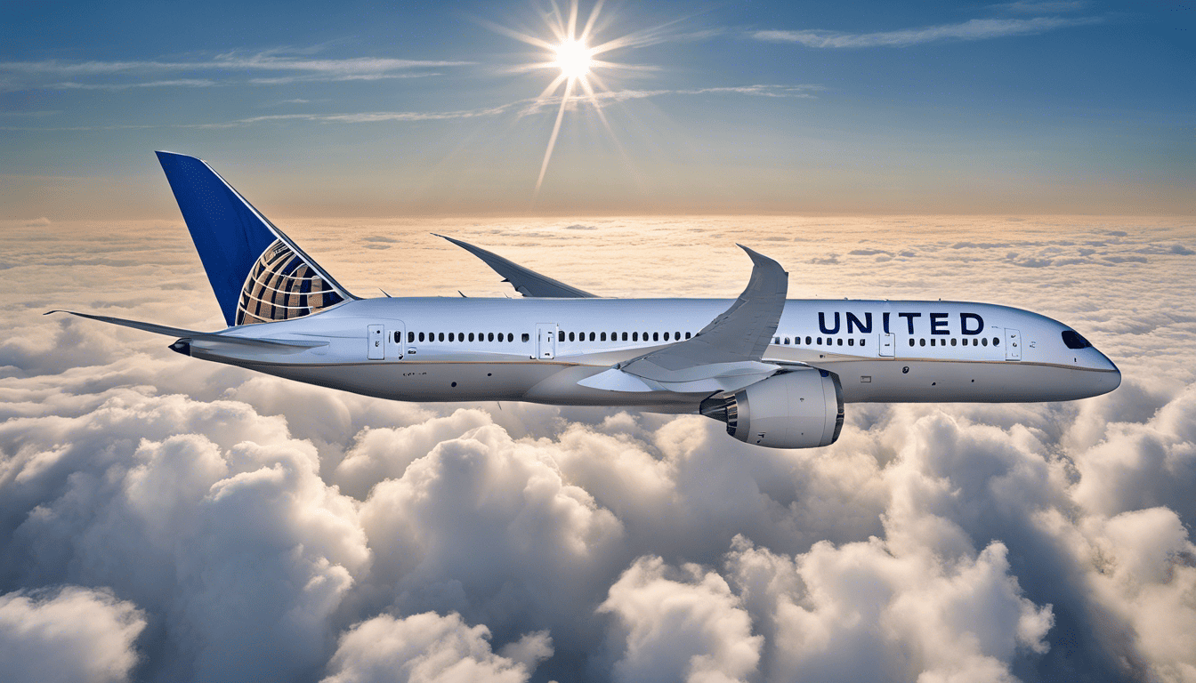 United Airlines Boeing 787 aircraft flying above clouds during golden hour
