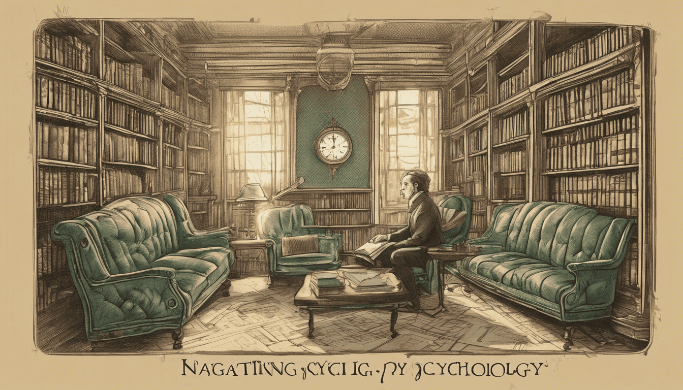 Victorian style library with a book titled 'Navigating Psychology Interviews' and readers in sunlight.