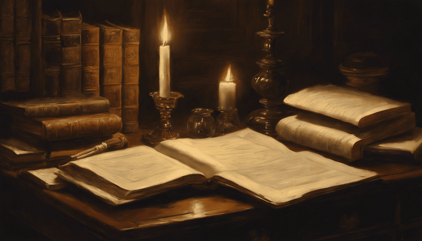 Victorian study with candle-lit ledger and old books