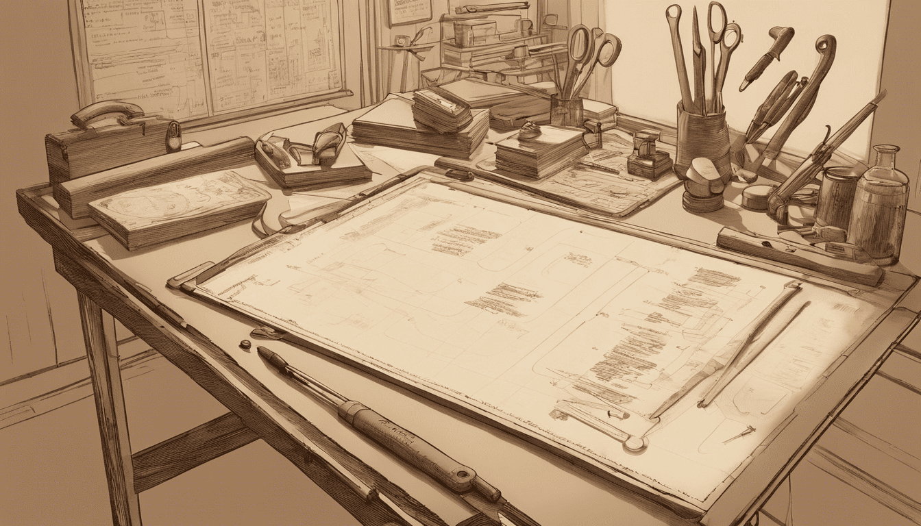 Vintage sepia drafting table with 'Design Process Insights' text
