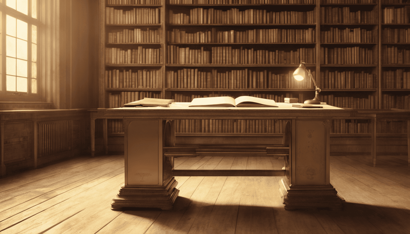 Ancient library with a vintage desk and open assembler manual