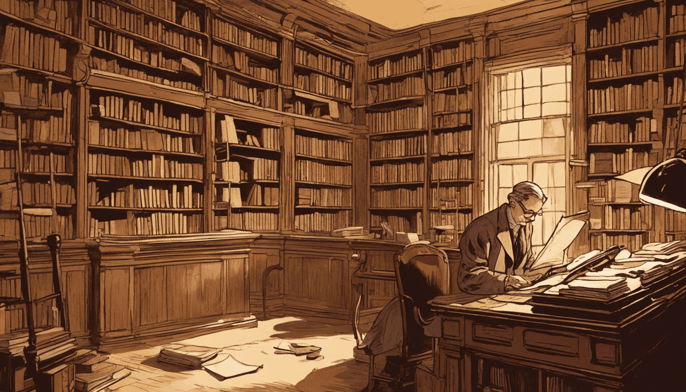 Library assistant working in a vintage library with soft lighting
