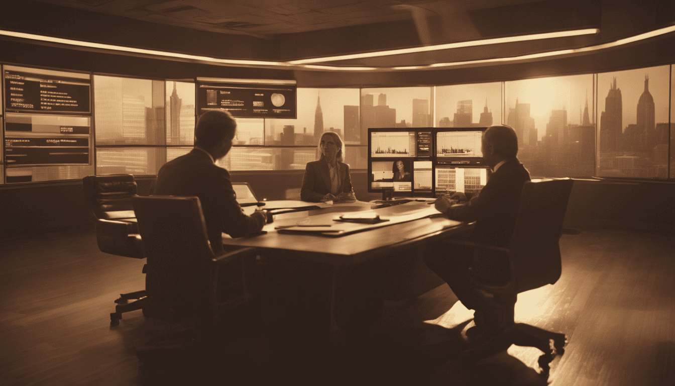 Vintage newsroom scene with warm lighting, emphasizing Bloomberg Interview Insights