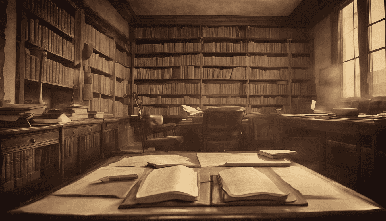 Vintage study room with Amazon's leadership principles on parchment, sepia-toned with focused lighting.
