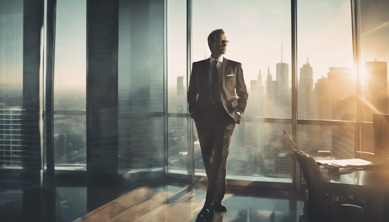 Business manager overlooking cityscape at sunrise, embodying professional ambition and foresight