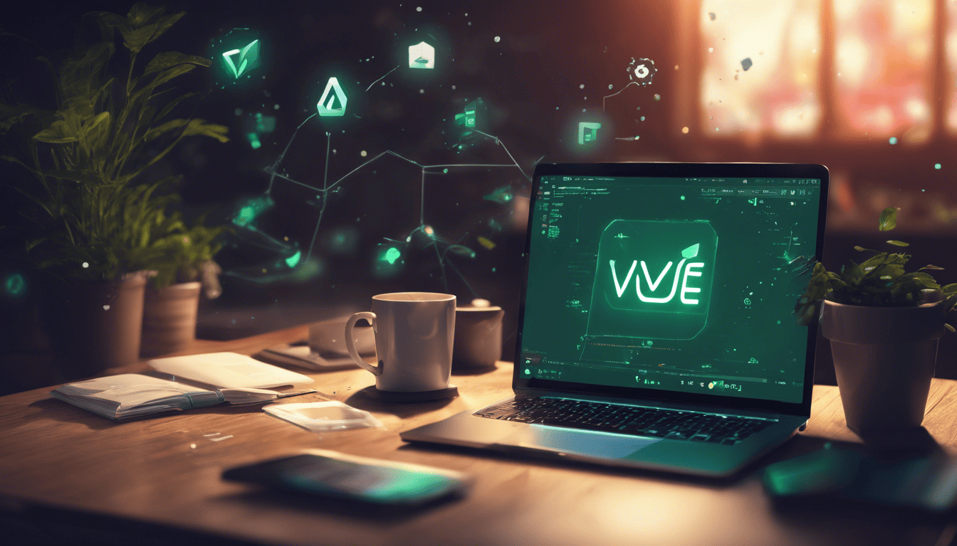 developer's workspace with open laptop showing Vue.js code and insights