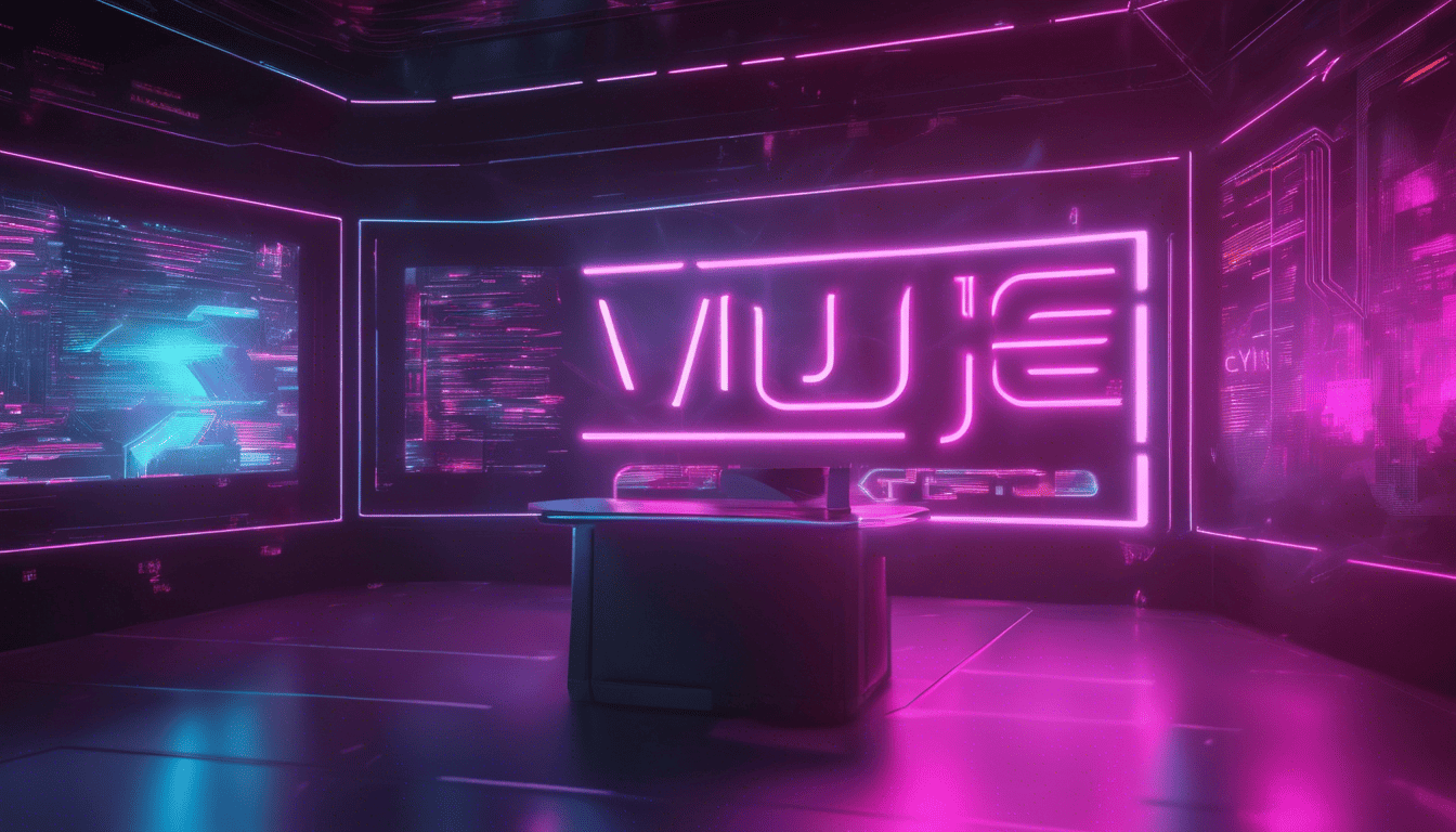 Vue.js code on futuristic holographic display with neon lighting