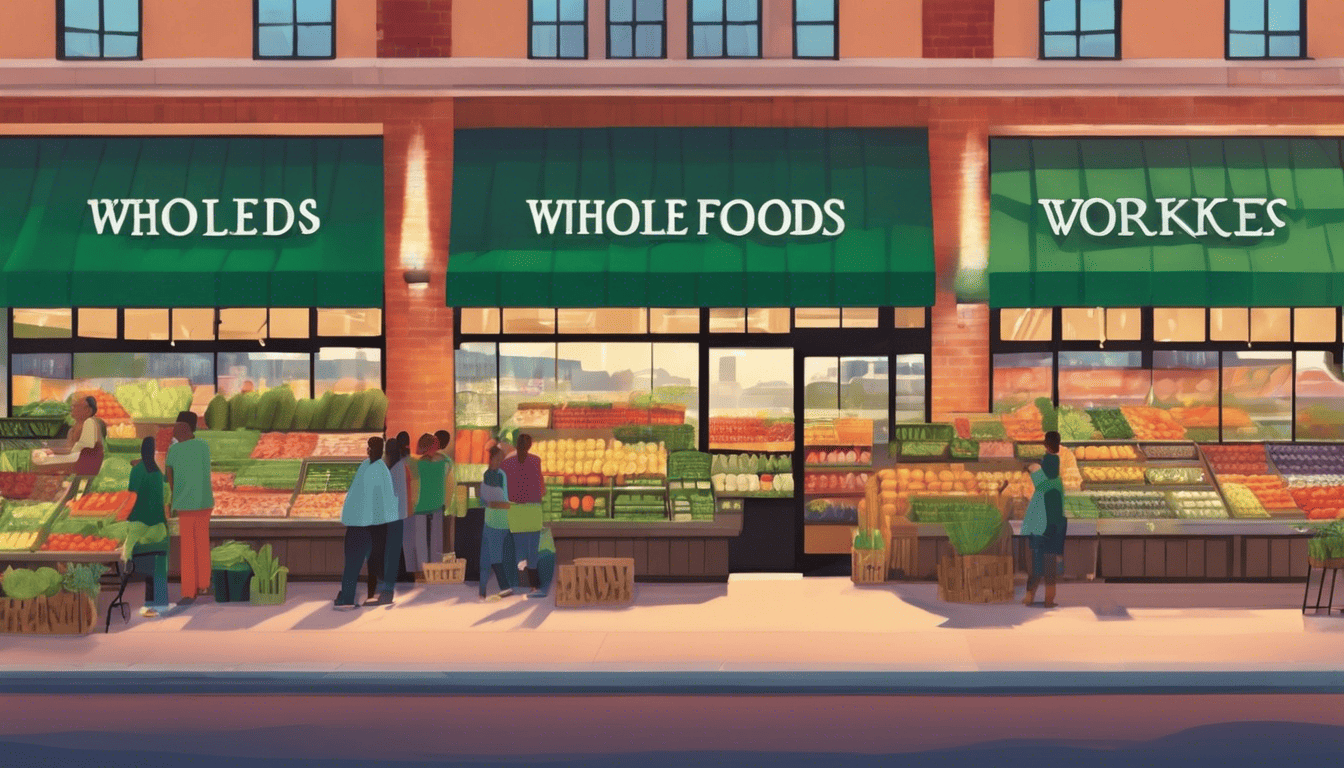 Digital illustration of a busy Whole Foods Market storefront at dawn, showing green awnings and happy customers.