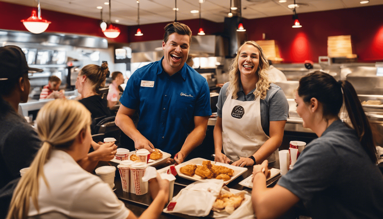 Chick-fil-A employees providing excellent customer service in a warm, inviting atmosphere.
