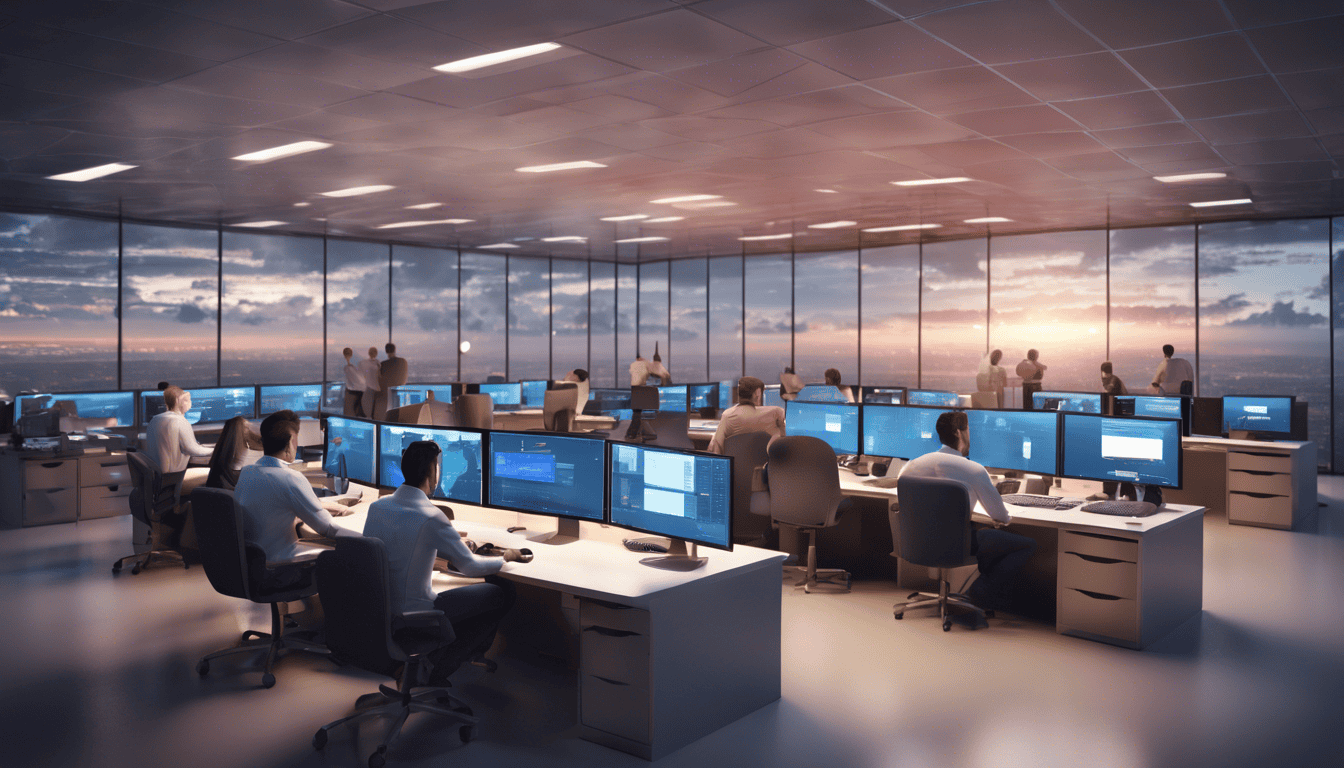 Busy cloud migration operations center with IT professionals and advanced technology at dusk