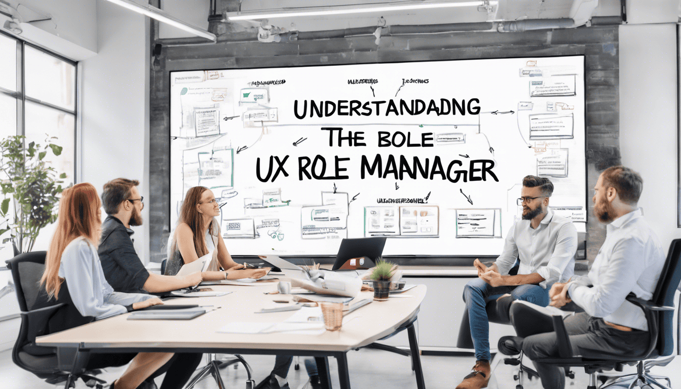 Text 'Understanding the UX Manager Role' written on an interactive whiteboard in a collaborative office space with UX tools.